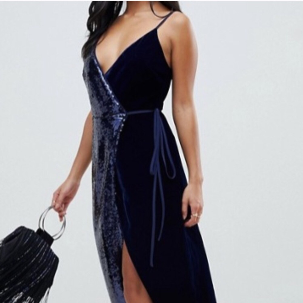 NWT ASOS Navy Sequin/Velvet Wrap Dress - Picture 2 of 4